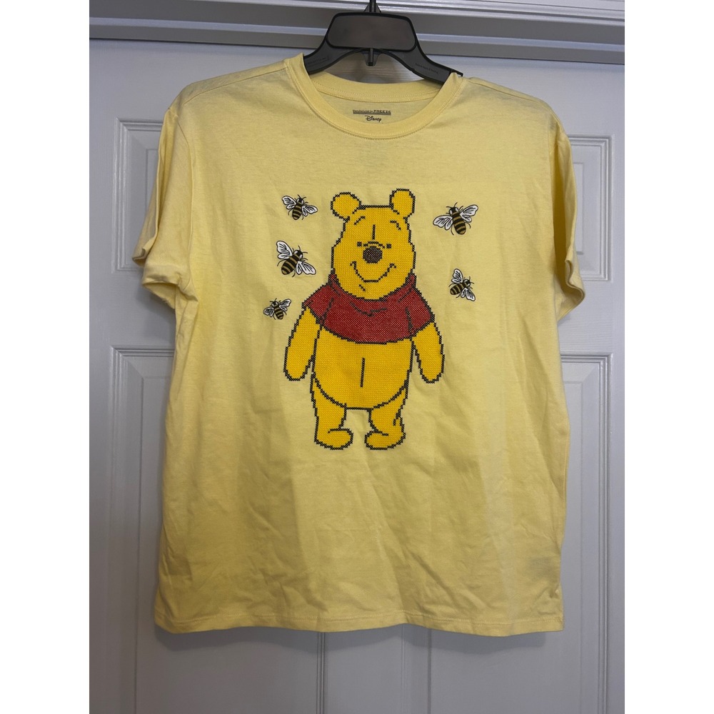 Disney Winnie the Pooh Cross Stitch Graphic Tee Yellow Short Sleeve Women's LG